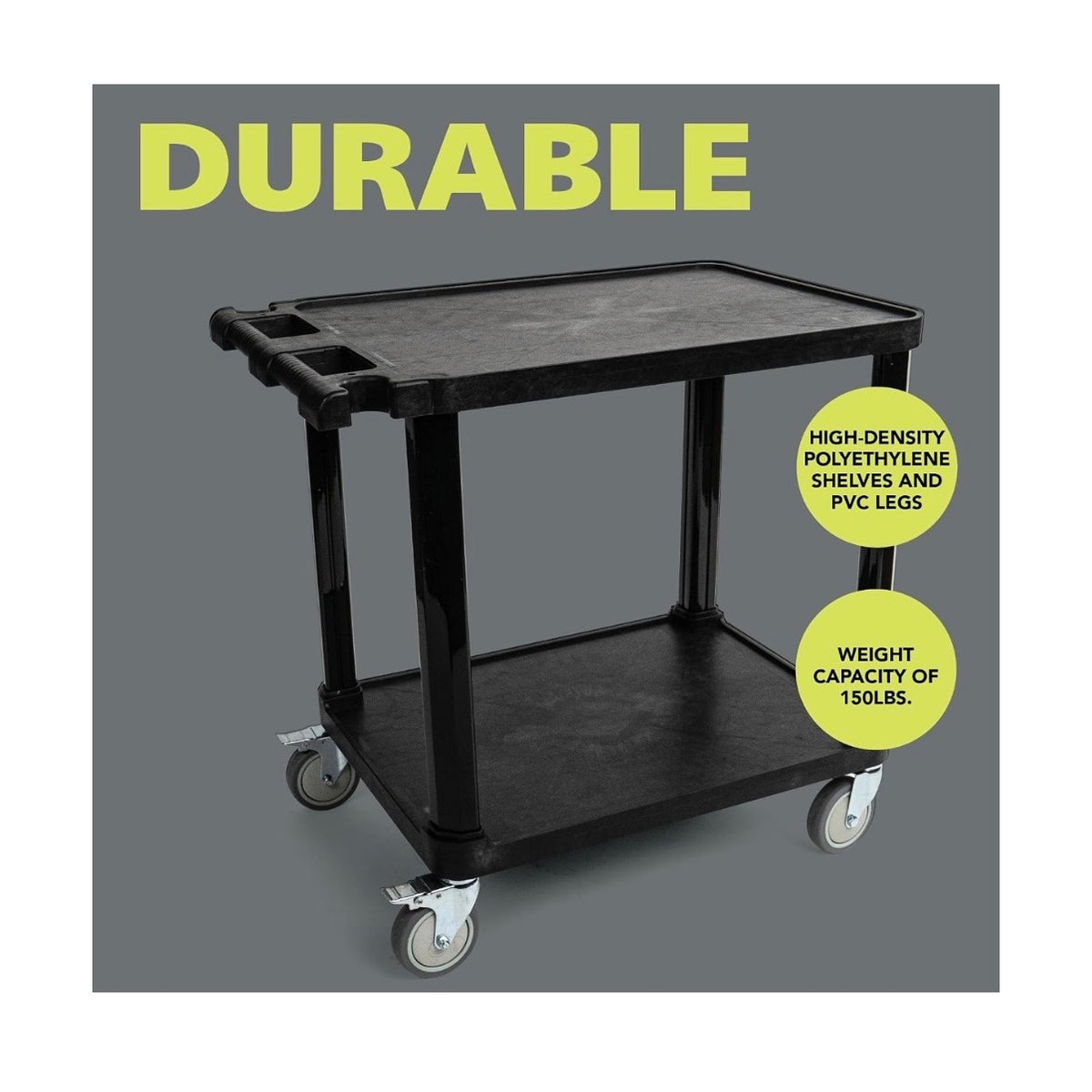 Pearington 2 Tier Compact Multi-Purpose Plastic Utility Cart with Lockable Wheels Up to to 150lbs (Black) (New in Box)