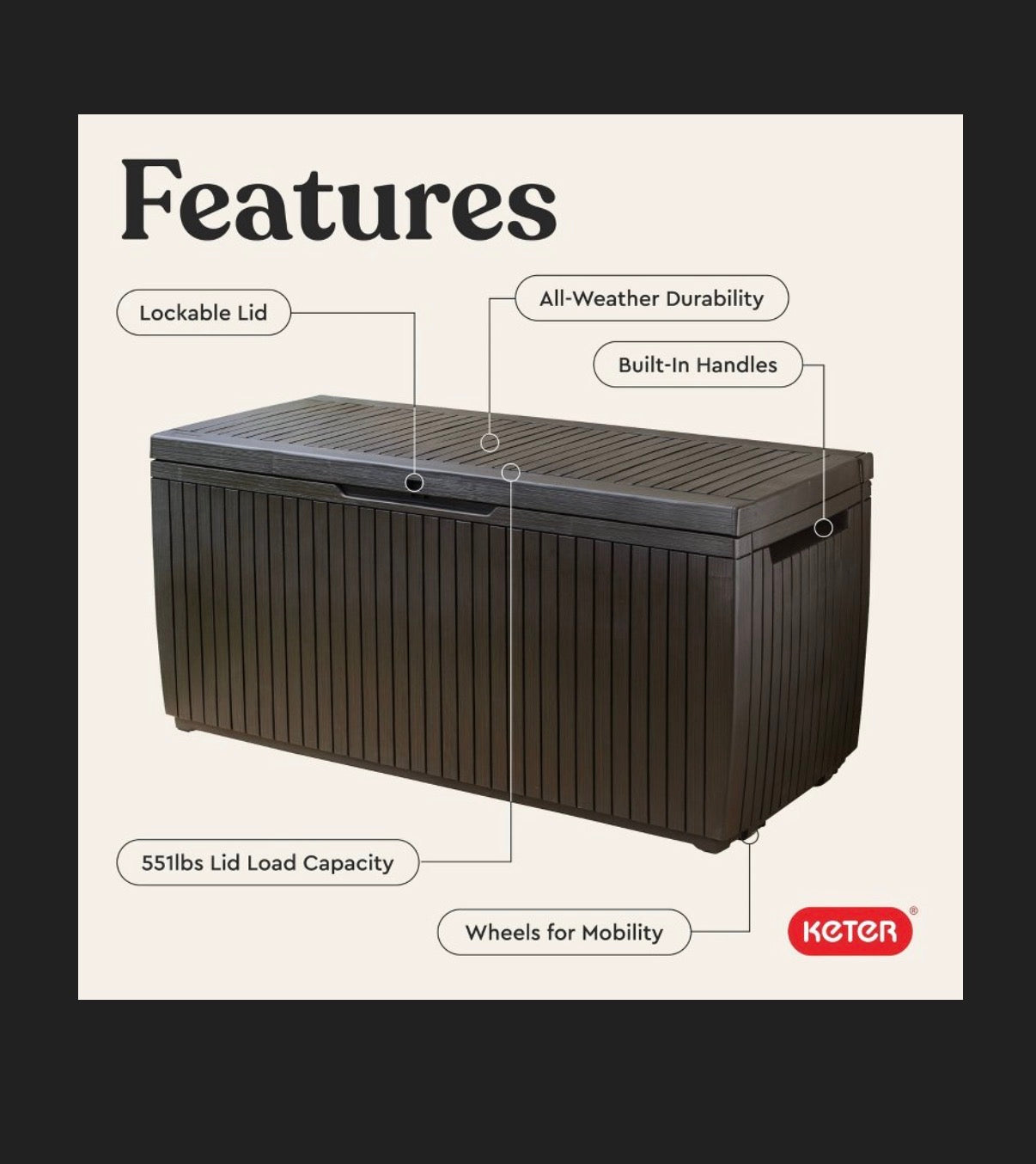 Keter 80 Gallon Springwood Deck Box (Brown) (New in Box)