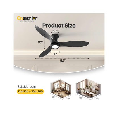 Ensenior 52 Inch Flush Mount Ceiling Fans with Lights and Remote Quiet Reversible Motor, 3 ABS Blades, 6 Speeds, 3 CCT Mute Mode, Low Profile, Memory Function, 1/2/4 Hour Timer (Black) (New in Box)