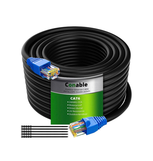 Cat6 Outdoor Ethernet Cable 350ft. Heavy Duty Double Jackets Internet Cord, Waterproof, Direct Burial (From 25ft. to 500ft Support PoE, Cat6, Cat5e, Cat5 Network, Cat6 RJ45 Patch Cable with 25 Ties