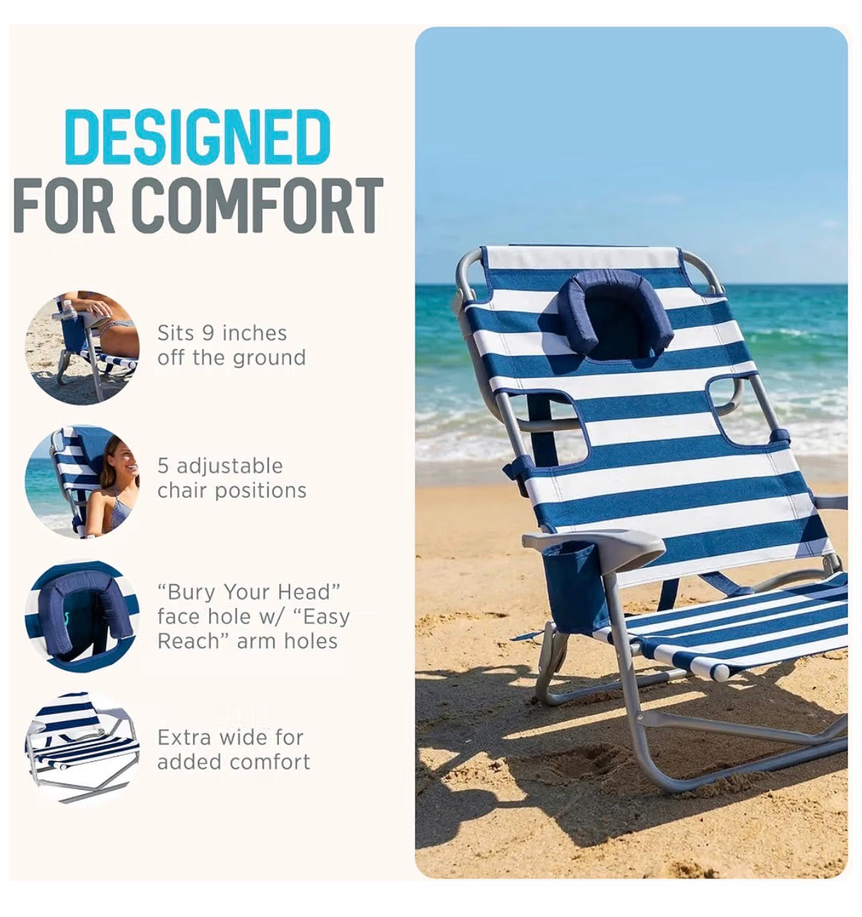 Ostrich The Heavy Duty Backpacker, Portable Beach Chair with Face Hole Adjustable Lounge Chair with Cup Holder 325lb Capacity (Blue Stripes) (New in Box)
