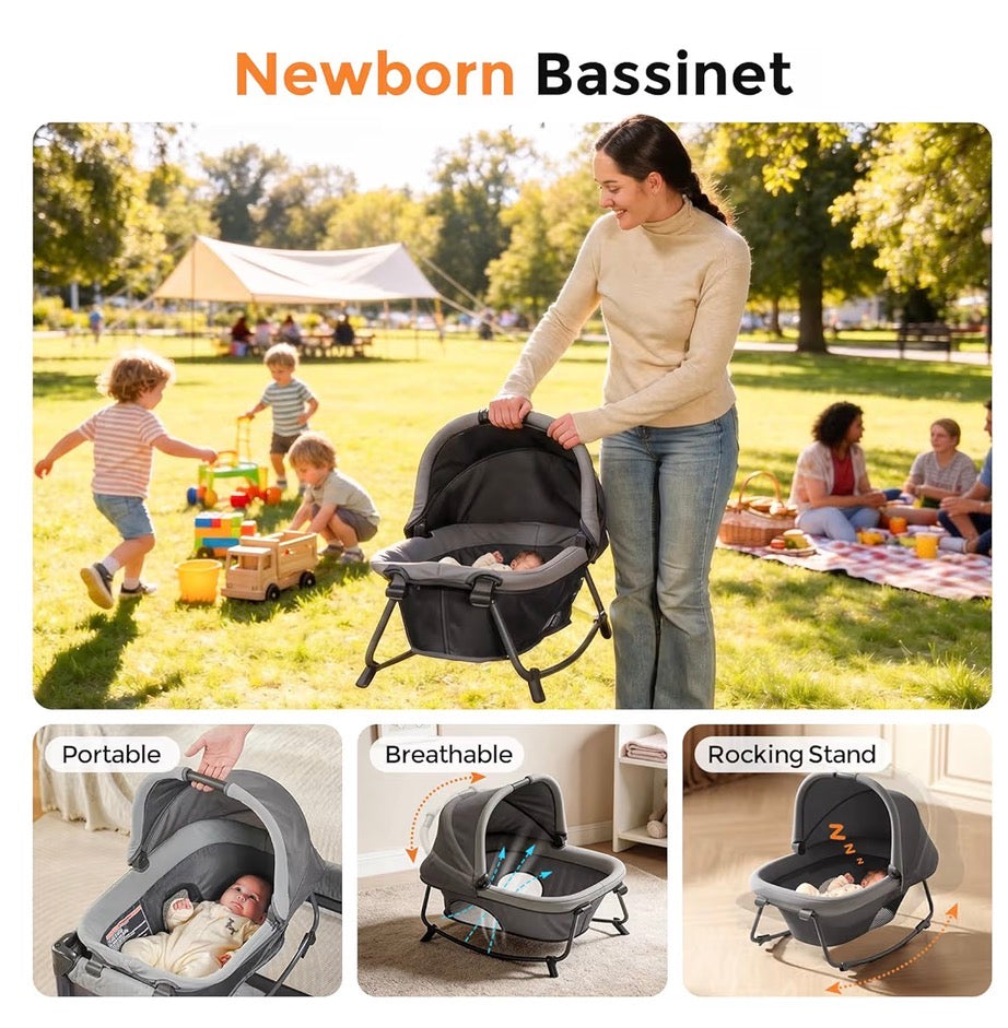 Pamo Babe Pack and Play with Bassinet - 7 in 1 one step setup bedside crib , portable playpen, travel crib, baby play yard with diaper changing station, toy bar & large storage bag