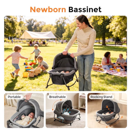 Pamo Babe Pack and Play with Bassinet - 7 in 1 one step setup bedside crib , portable playpen, travel crib, baby play yard with diaper changing station, toy bar & large storage bag
