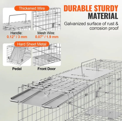 VEVOR Live Animal Cage Trap, 24" x 8" x 8" Humane Cat Trap Galvanized Iron, Folding Animal Trap with Handle for Rabbits, Stray Cats, Squirrels, Raccoons, Groundhogs and Opossums- new in box