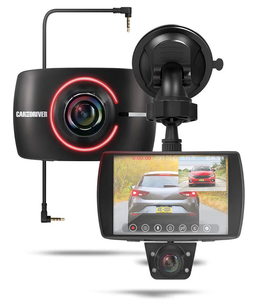 Car and Driver Full HD Dual-View Dash Cam, Front and Rear View System with Modular Camera, 150 Degree Angle Lens, Night Vision, Collision Detection, and G-Sensor (New in Box)