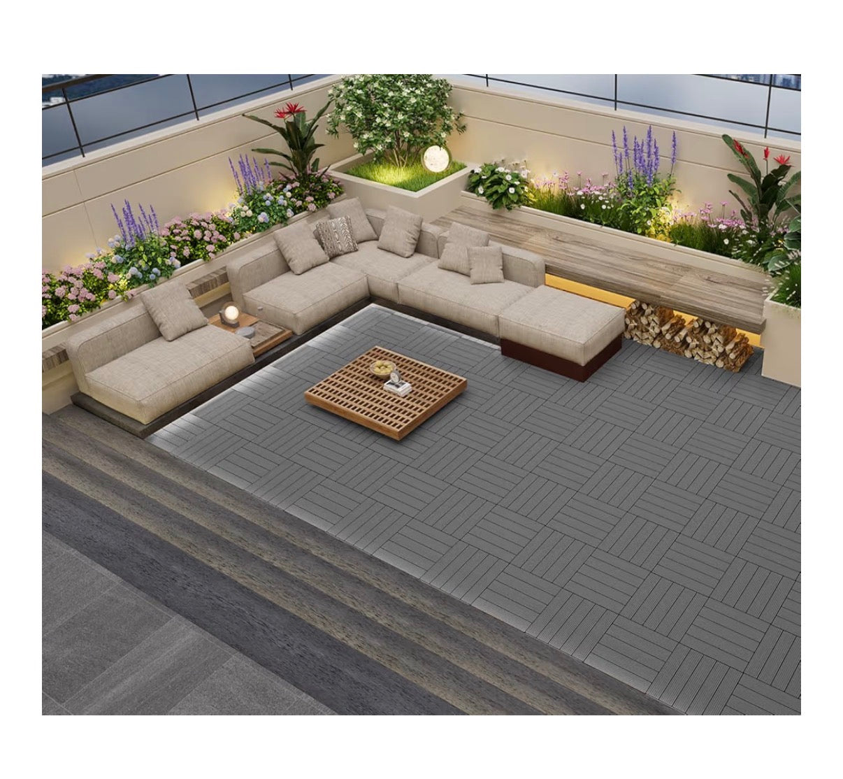 Prime Zone 54 Pieces Plastic Interlocking Patio Deck Tiles 12 Inches X 12 Inches Anti-Slip Waterproof Outdoor Flooring Decor, Floor Decking for Balcony, Backyard, Garden & Poolside, All Weather Use (Gray) (New in Box)