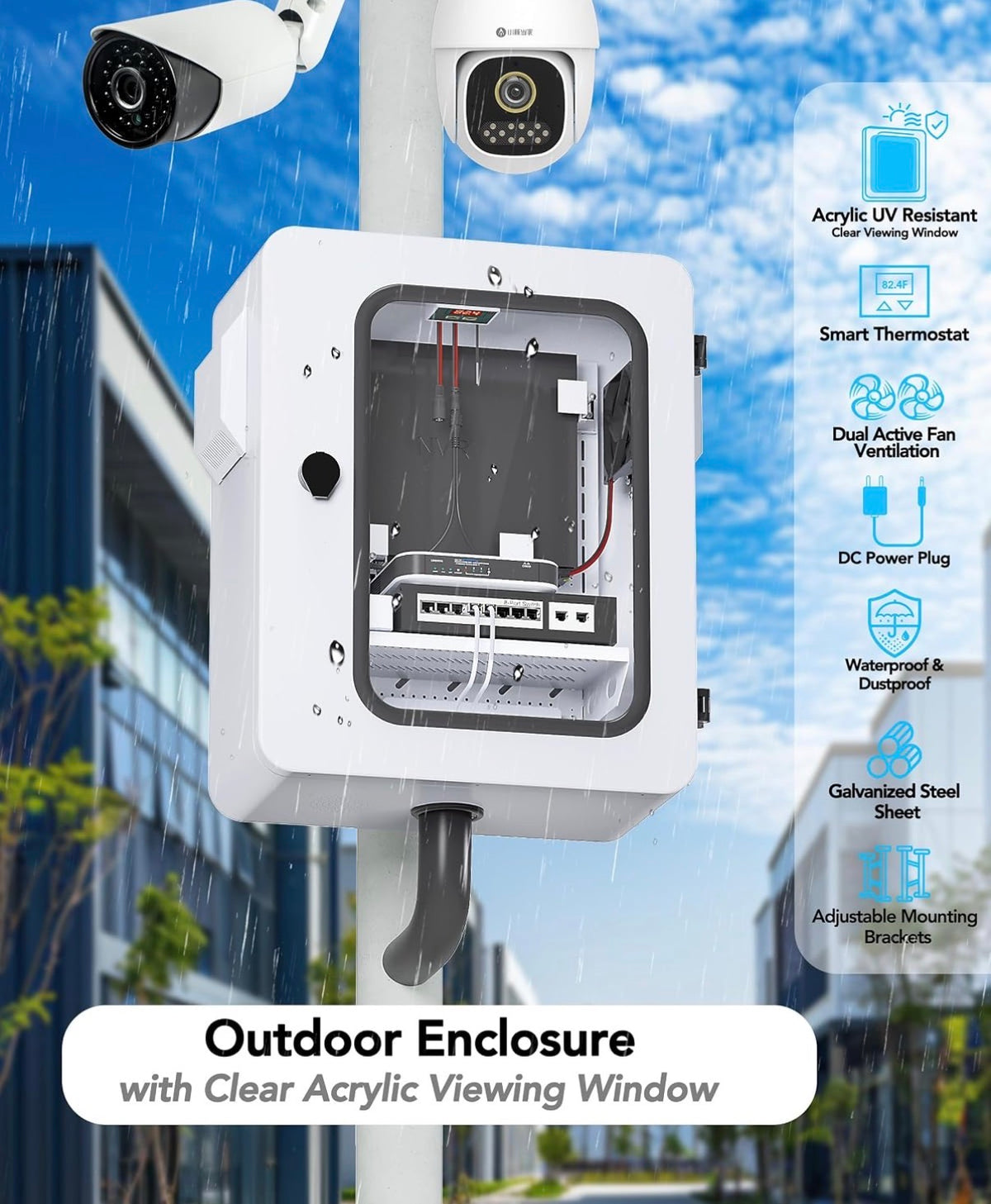 Outdoor Electrical Box with Clear Window and Thermostat and Fan, Precise Temperature Control 0.1 Degree, IP65Water Resistant Rating, Galvanized Steel, Aluminum Rear Beam 19.7 Inch X 17.7 Inch X 7.9 Inch (New in Box)