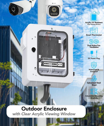 Outdoor Electrical Box with Clear Window and Thermostat and Fan, Precise Temperature Control 0.1 Degree, IP65Water Resistant Rating, Galvanized Steel, Aluminum Rear Beam 19.7 Inch X 17.7 Inch X 7.9 Inch (New in Box)
