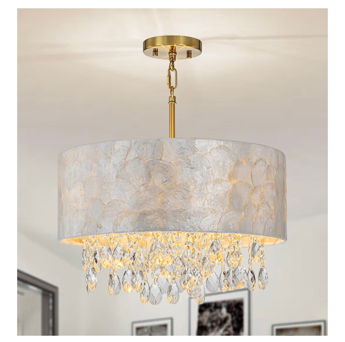 18 Inch Drum Capiz Shell Crystal Chandelier, 4 Light Coastal Style Light Fixture for Dining Room, Living Room, 18 Inch Diameter X 21-68 Inch Adjustable, K9 Crystal, Shell Lampshade & Gold Finish (New in Box)