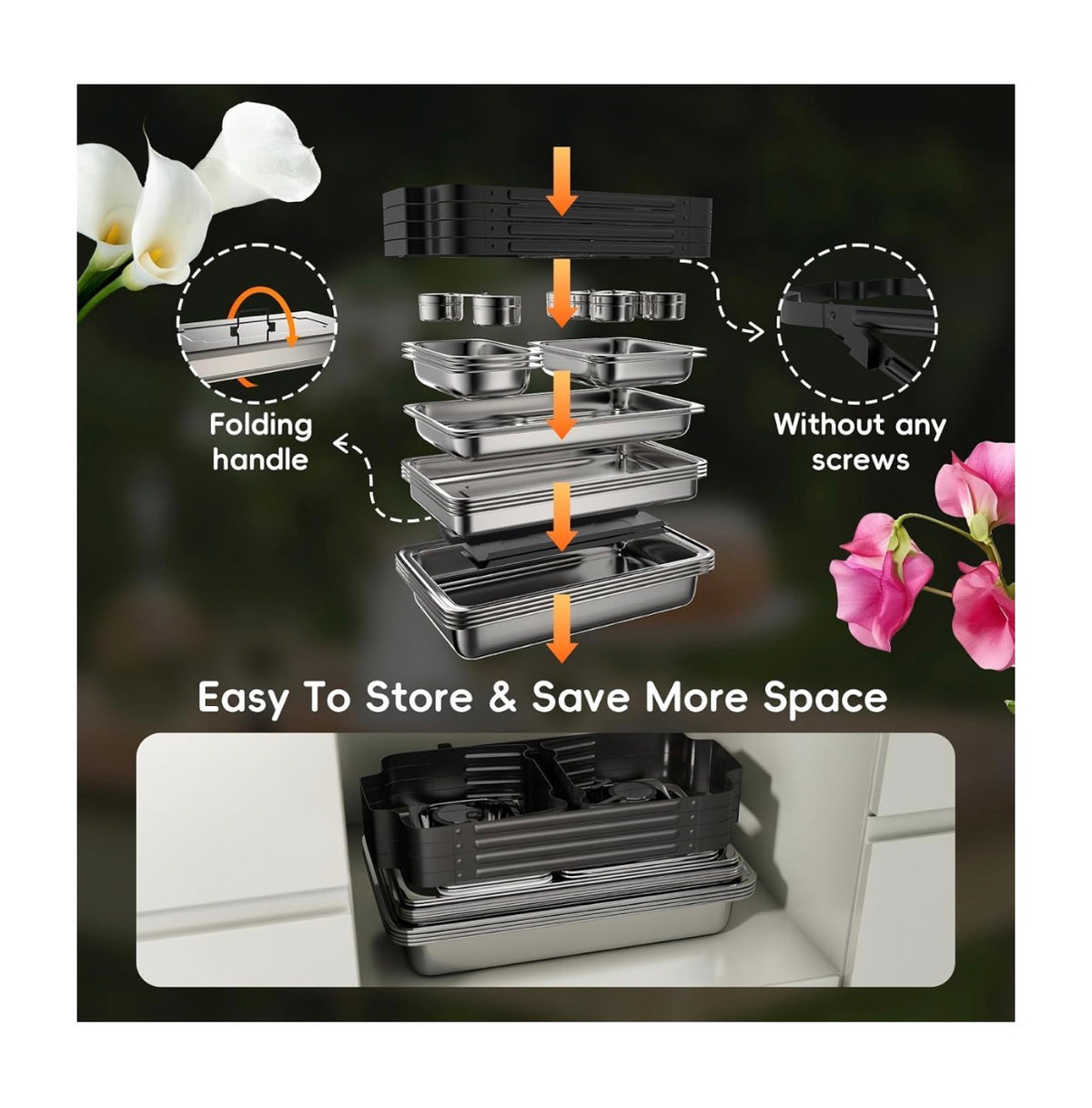 Chafing Dishes for Buffet 9 Qt 4 Pack with Multi-Size Food Pans Screwless Installation Chafing Dish Buffet Set, Foldable Handles Stacking Design, Stainless Steel for Events (New in Box)