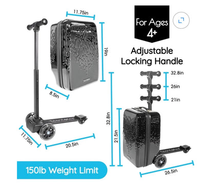 TeenTotes 4-in-1 Kids Scooter Luggage Detachable Ride-On Suitcase & Carry-On Luggage Folding Travel Scooter with Adjustable Handlebar & Brake (Black) (New in Box)