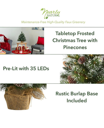 Nearly Natural 2 Ft. Frosted Pine Acritical Christmas Tree with 35 Clear LED Lights, Pinecones and Burlap Base (New in Box)
