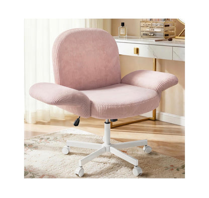 Criss Cross Office Chair, Cross Legged Desk Chair with Adjustable Armrests, Soft Corduroy Fabric for Small Spaces, Home Office Computer Chair (Pink/White) (New in Box)