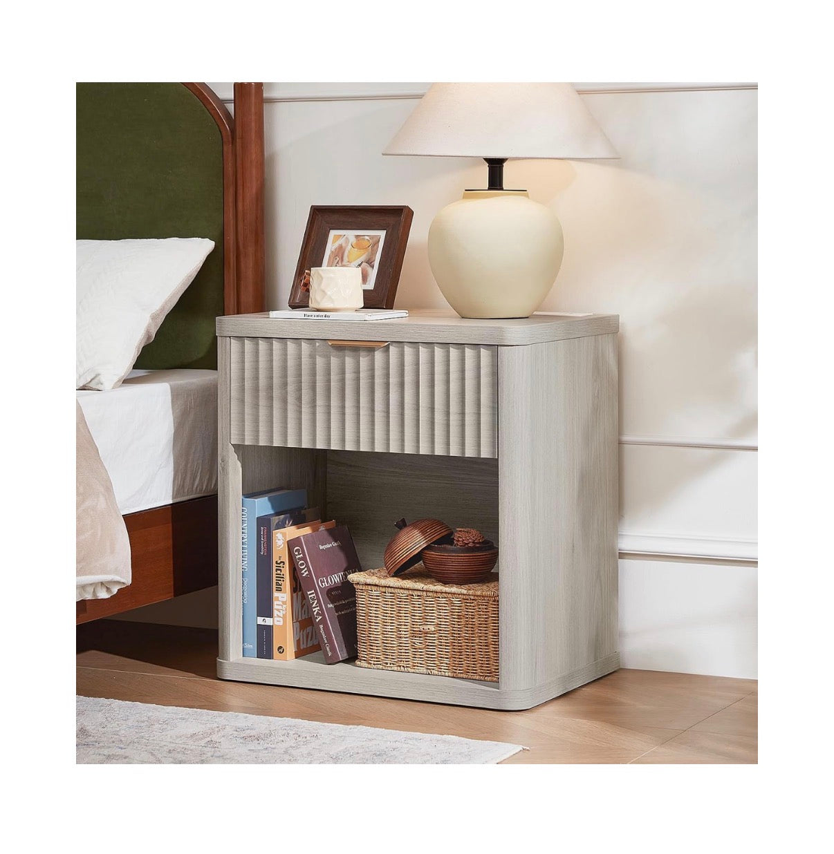 Fluted Nightstands with Charging Station, 23 Inch Wide with 1 Drawer Nightstand, End Table with Open Storage, Farmhouse Bed Side Tables Wood Dresser for Bedroom, Livingroom, Closet (Light Gray) (New in Box; Needs to be Assembled)