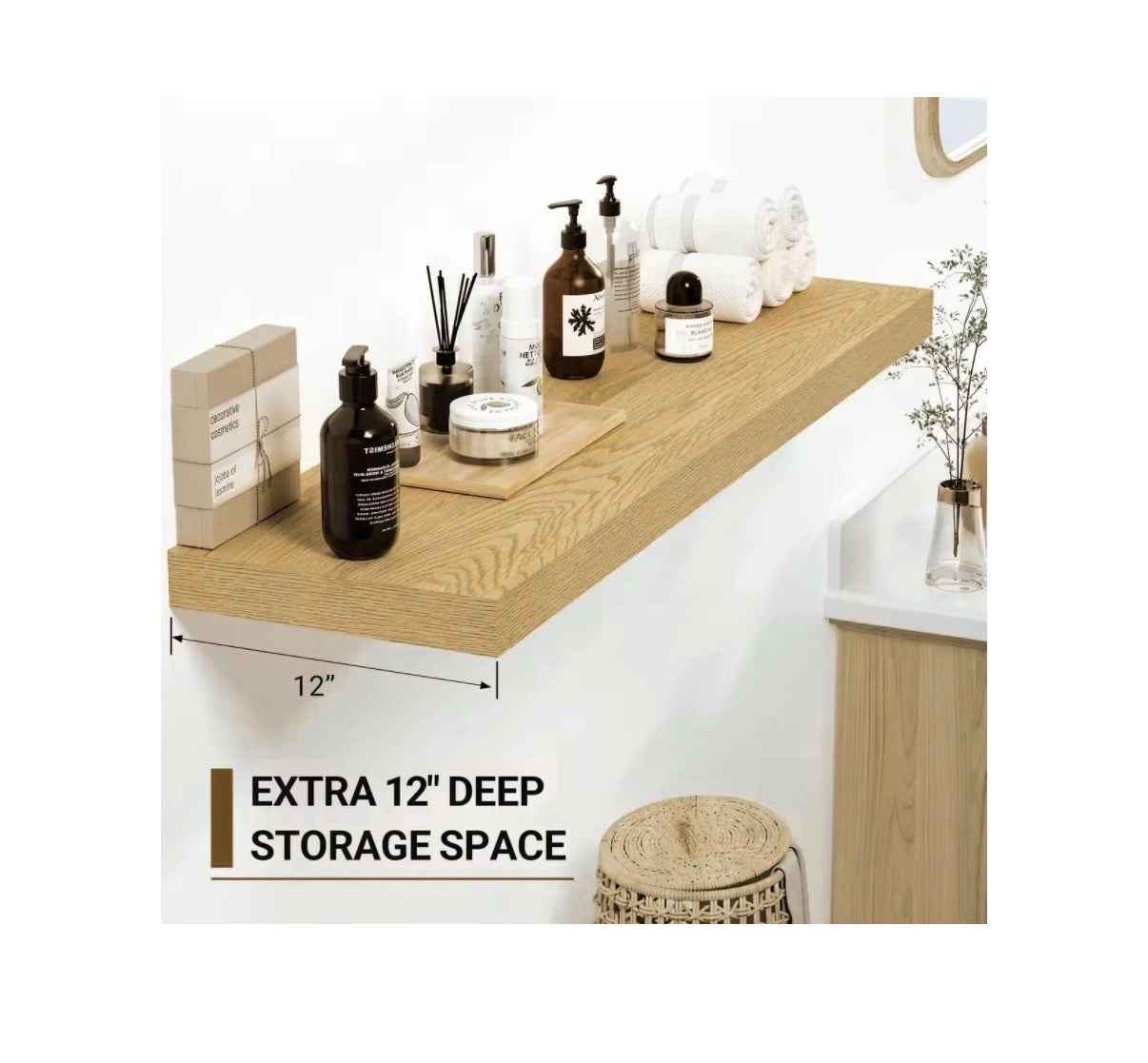 12 Inch Deep Floating Shelves 35.4 Inch Long, Thick Wall Shelves with Invisible Brackets for Bedroom, Bathroom, Living room, Kitchen, Office, Rustic Farmhouse Decor 36 Inch X 12 Inch X 1,.5 Inch Set of 2 (Oak) (New in Box)