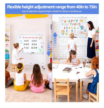 Rolling White Board 28 Inch X 40 Inch, Double Sided Magnetic Easel Whiteboard Height Adjustable 40 Inch - 75 Inch, Mobile Dry Erase Board with Stand, 4 Silent Wheels, 10 Markers, 2 Erasers, 12 Magnets for Office, Classroom (New in Box)