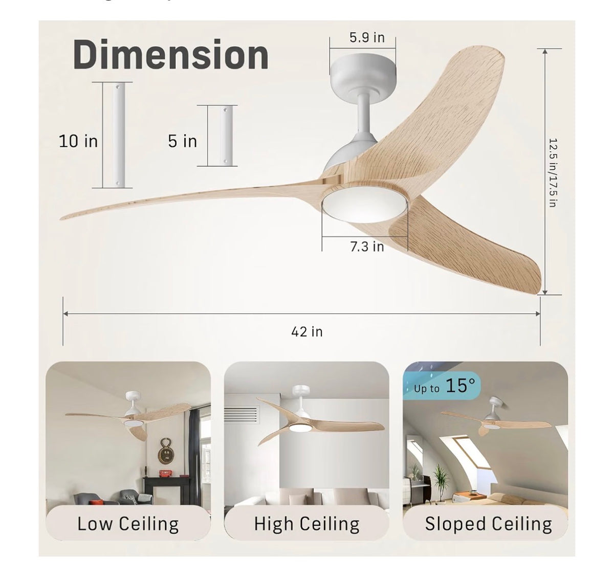 Ceiling Fan with Lights, 42 Inch Low Profile Ceiling Fan with Light and Remote Control, Flush Mount, 3CCT, Dimmable, quiet Reversible Motor, Modern Ceiling Fan for Bedroom Indoor/Outdoor Use (Wood) (New in Box)