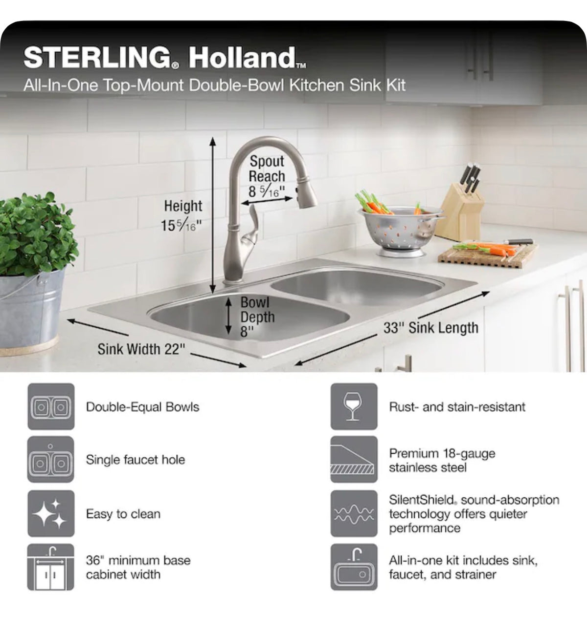 Holland Drop-in 33 Inch X 22 Inch Stainless Steel Double Equal Bowl 18 Gauge Kitchen Sink All-in-One Kit (New in Box)