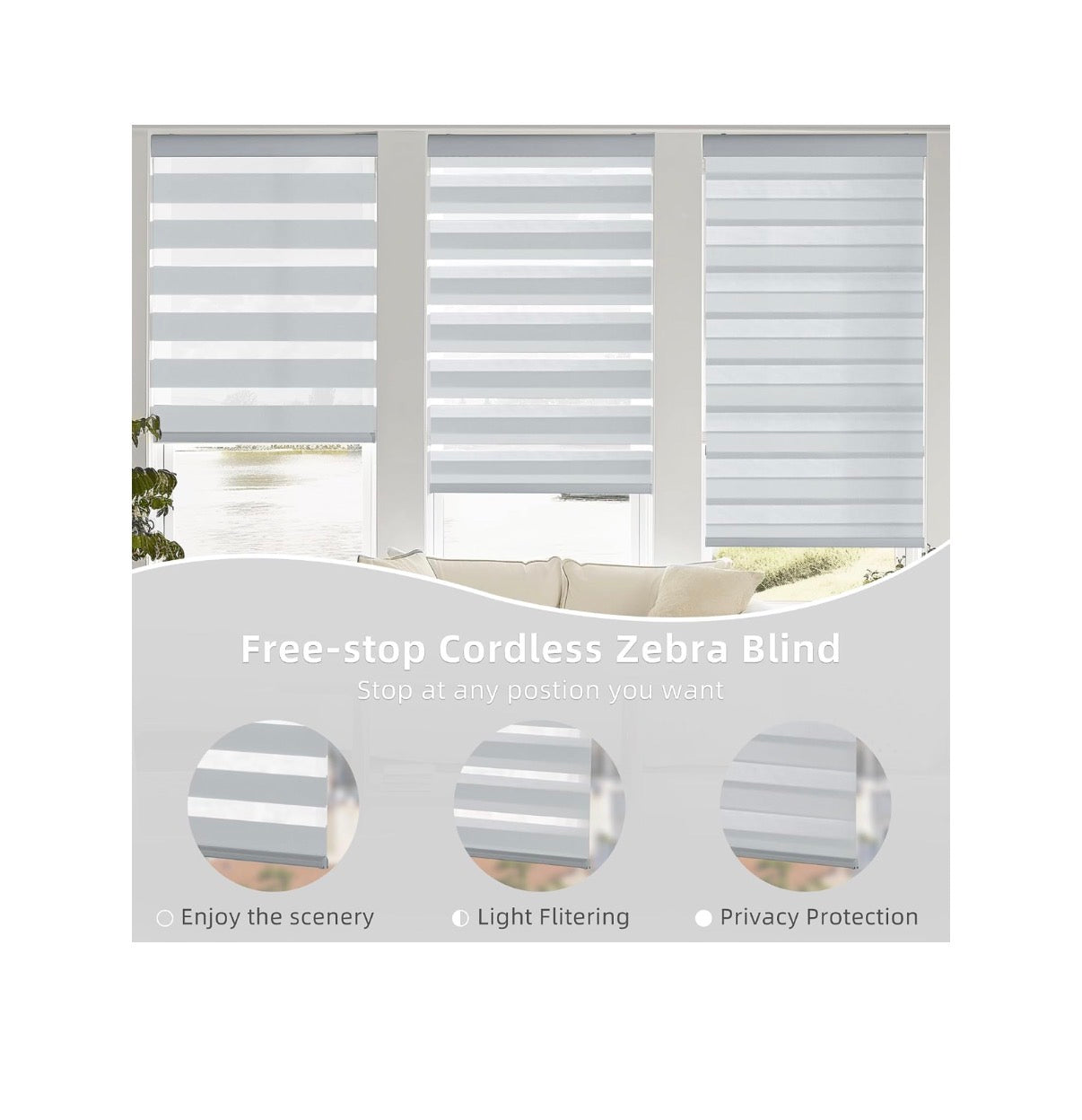33 Inch Width X 72 Inch Height Dual Layer, Light Control for Day and Night, Free-Stop, Pull Down Blinds for Indoor Windows & Home (Light Gray) (New in Box)