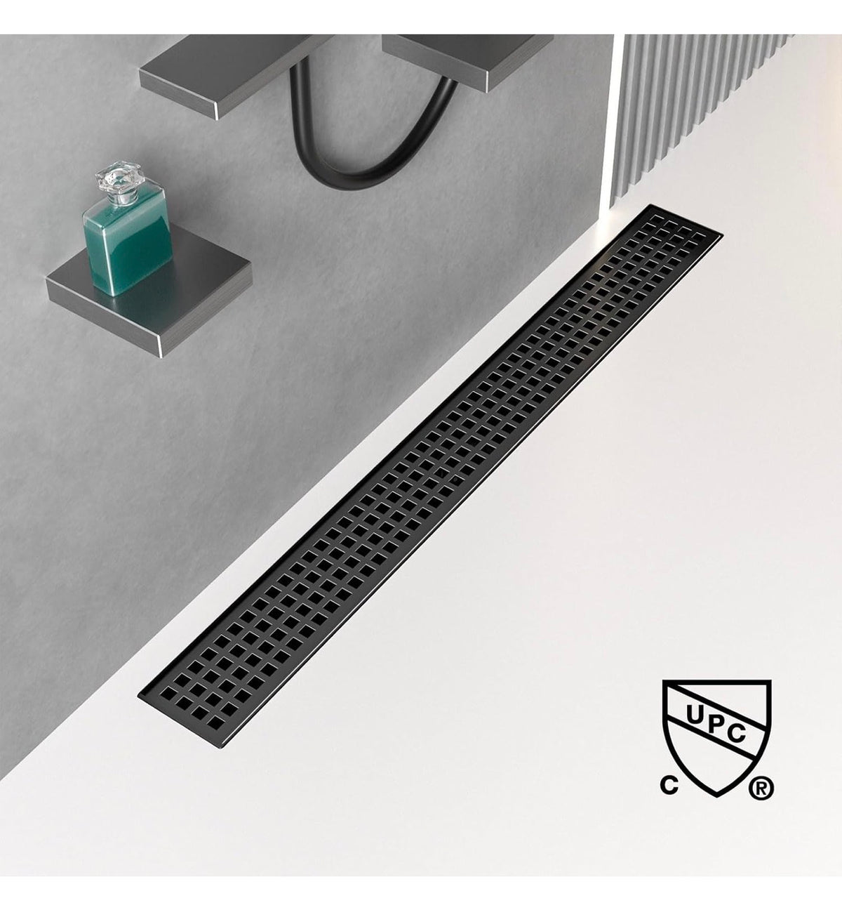 Baronage 24 Inch Linear Shower Drain, Square Grate, Matte Black V-Shaped Rapid Linear Drain, Rustproof, Hair Cather, 304 Stainless Steel Rectangle Shower Floor Drain for Bathroom (New in Box)