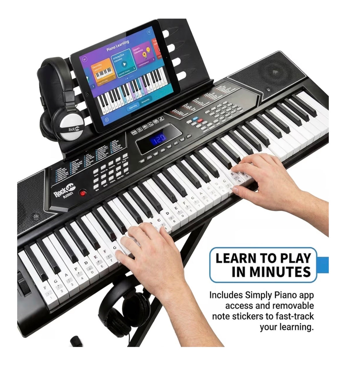 RockJam 61 Key Keyboard Piano Kit with Stand, Bench & Headphones Beginner Electric Keyboard Piano Set with Pitch Bend, LED Panel, Simply Piano Lessons and Note Stickers, All Included (New in Box)