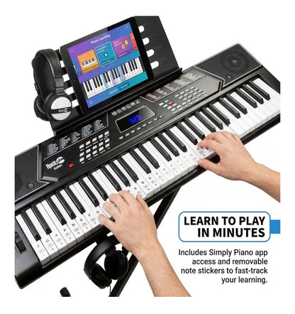 RockJam 61 Key Keyboard Piano Kit with Stand, Bench & Headphones Beginner Electric Keyboard Piano Set with Pitch Bend, LED Panel, Simply Piano Lessons and Note Stickers, All Included (New in Box)
