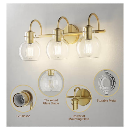 Primeplus Gold Vanity Light 3 Light Bathroom Light Fixtures, Modern Bathroom Vanity Lights Fixtures Over Mirror with Clear Gloe Glass Shade, Gold Wall Sconces for Bathroom Hallway E26 Base