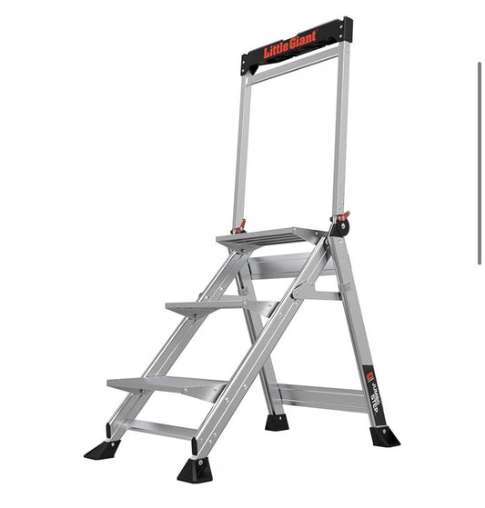 Little Giant Jumbo Step 3-Step Foldable 2.2 Ft. Aluminum Stool Foldable Aluminum Step Stool, Extra-Wide Stair Like Treads, Rotating Handrail, Tool Tray, 375 lbs. Weight Capacity (New in Box)