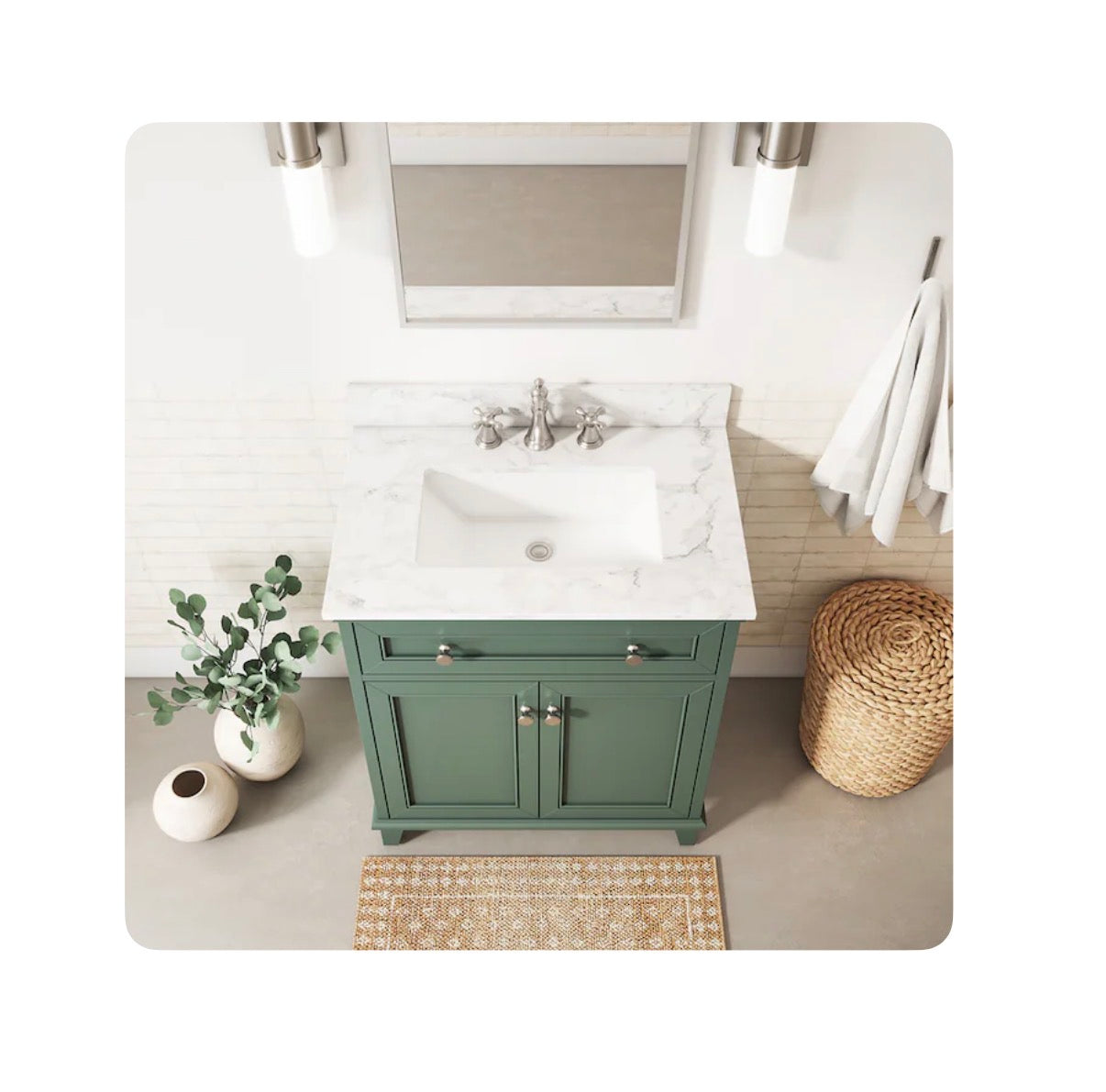 Lambert 30 Inch Basil Green Undermount Single Sink Bathroom Vanity with White Engineered Stone Top (New)