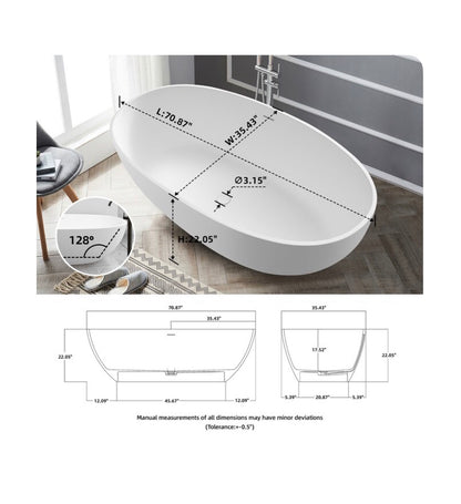 35.4 Inch X 70.9 Inch Matte White Solid Surface Oval Freestanding Soaking Bathtub with Drain (Centered Drain) (New in Box)
