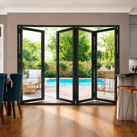 AINLARRY 144-in x 80-in x 3-in Jamb Black Aluminum Left-hand 4-panel Folding Patio Door with Low-E Glass