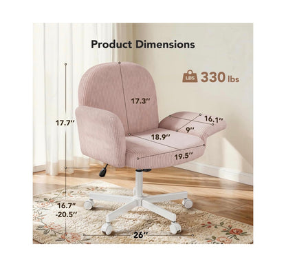 Criss Cross Office Chair, Cross Legged Desk Chair with Adjustable Armrests, Soft Corduroy Fabric for Small Spaces, Home Office Computer Chair (Pink/White) (New in Box)