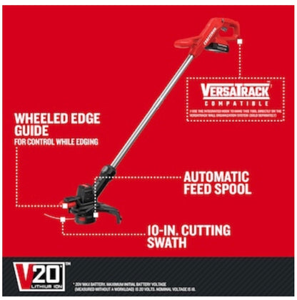 Craftsman 20 Volt Max 10 Inch Straight Shaft Battery String Trimmer Edger Conversion Capable 1.5 Ah (Battery and Charger Included) (New in Box)