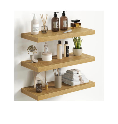 Floating Shelves for Wall24 Inch Set of 3, Farmhouse Floating Shelves with Invisible Heavy Duty Bracket, 10-Inch-Deep Bathroom Shelves for Storage, Livingroom, Kitchen, Decor (Oak) (New in Box)