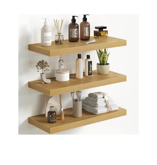 Floating Shelves for Wall24 Inch Set of 3, Farmhouse Floating Shelves with Invisible Heavy Duty Bracket, 10-Inch-Deep Bathroom Shelves for Storage, Livingroom, Kitchen, Decor (Oak) (New in Box)