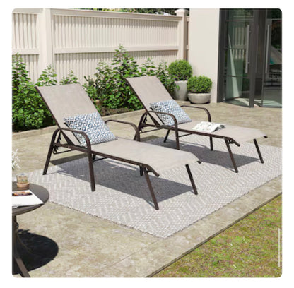 Crestlive Products Set of 2 Stackable Brown Steel Frame Stationary Chaise Lounge Chair with Beige Textilene Mesh Seat