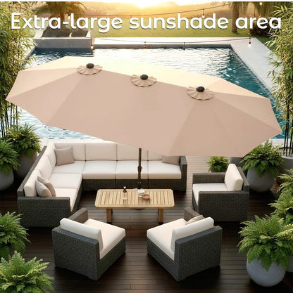 15 Ft. Patio Umbrella with Base large Double Sided Rectangular Umbrella Beige Outdoor Giant Triple Head Umbrella with Crank Handle, Market Umbrella for Poolside, Garden, Deck, Backyard and Beach (New in Box)