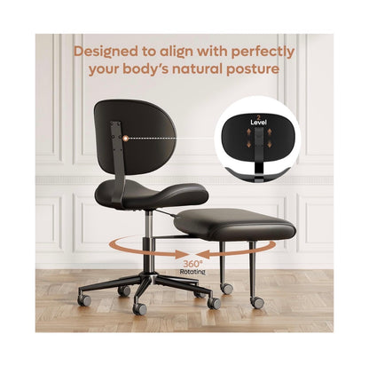 Pinmoco Upgraded Cross Legged Office Chair with Wheels, ADHD Chair for Adults, Wider Height Adjustable Backrest and Seat, Meditation Chair, Ergonomic & Yoga Office Chair (PU Leather Black) (New in Box)
