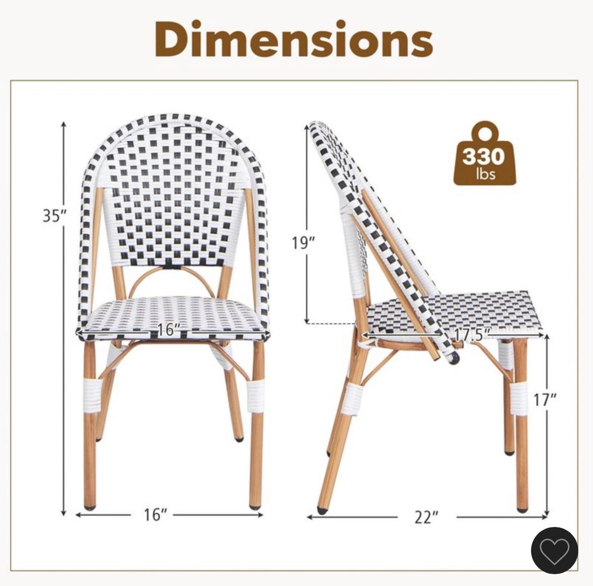 Costway Set of 2 French Bistro Chairs, Outdoor Armless Dining Chairs with Handwoven Rattan and Galvanized Metal Frame (Black/White) (New in Box)