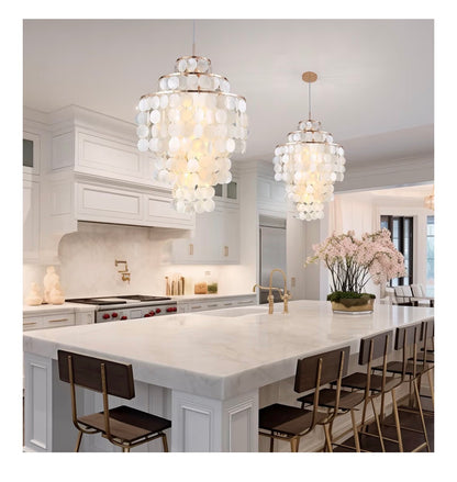 Capiz Shell Chandelier 18 Inch Gold Coastal Chandelier Light Fixture with 4 Lights Capiz Seashell Pendant for living Room Foyer, Kitchen Island Entryway, Dining Room Bedroom, LED Bulb Included (New in Box)