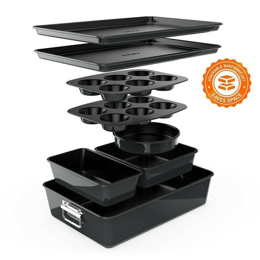(New) Nutrichef 8pcs. Stackable Carbon Steel Bakeware Sets - Non-Stick Coating (Black)