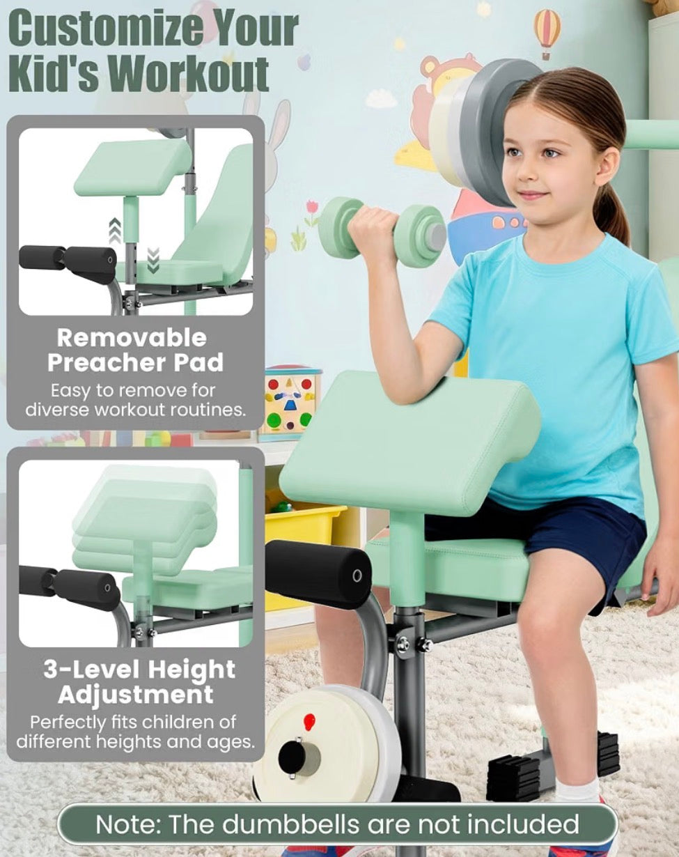 Heypappy Kids Workout Equipment - adjustable kids workout  bench with preacher pad & leg developer, fillable weight plates for home gym fitness  & exercise
