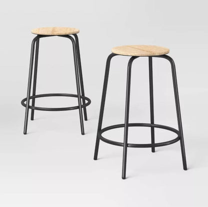Set of 2 24" Wood and Metal Base Backless Counter Height Barstool Stool