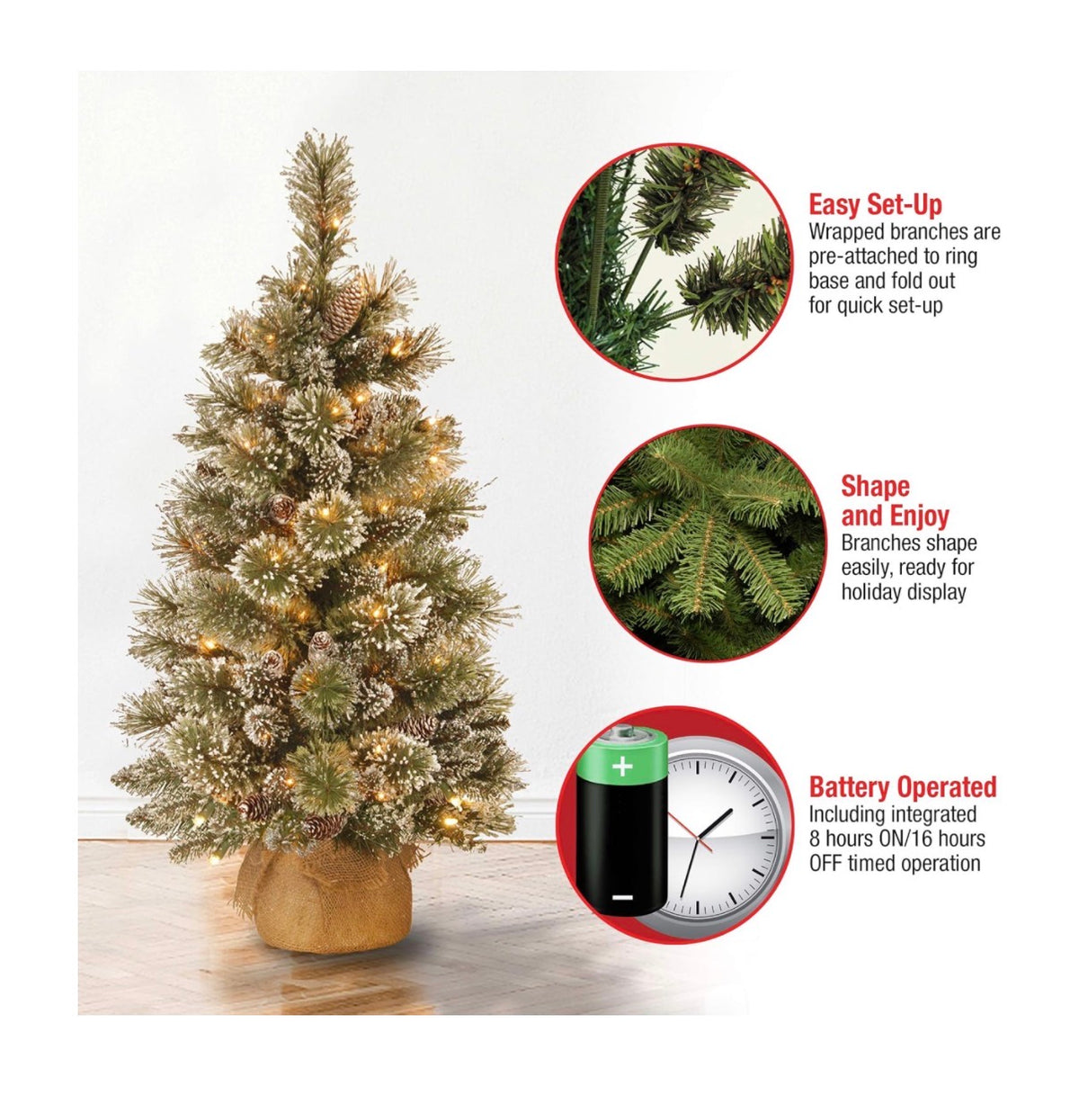 National Tree Company 3 Ft. Pre-Lit Glittery Bristle Mini Christmas Tree 35 Warm LED Light 144 Tips Pinecones Burlap Base Timer Artificial Green (New in Box)