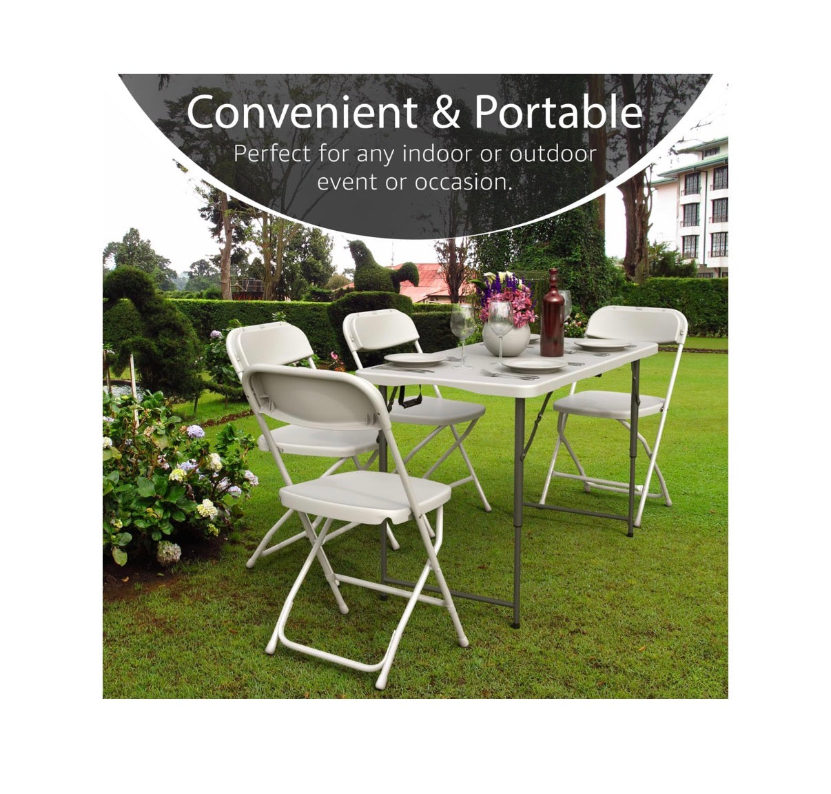 4ft. Foldable Table Adjustable Height with Built in Handle, Steel Legs, Perfect for Party, Dining, Wedding Events, Picnic Indoor/Outdoor (White) (New in Box)
