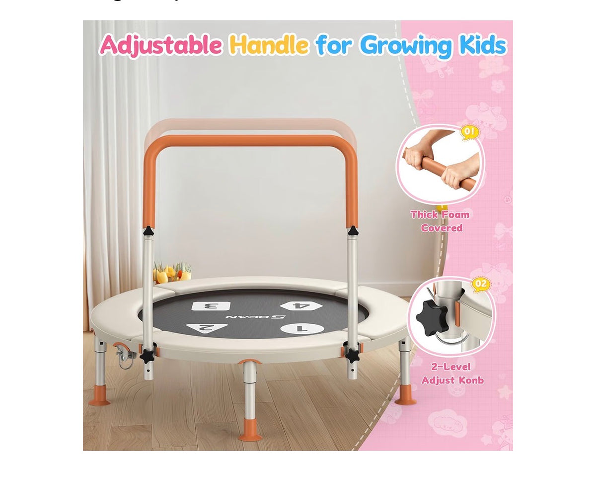 BCAN BT1 36 Inch Toddler Trampoline for Kids, Foldable Indoor Mini with Handlebar ASTM Certified Indoor Trampoline for Toddler, Baby, Adjustable Handlebar, Foldable Leg, Safety Pad Beige (New in Box)