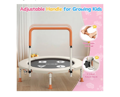 BCAN BT1 36 Inch Toddler Trampoline for Kids, Foldable Indoor Mini with Handlebar ASTM Certified Indoor Trampoline for Toddler, Baby, Adjustable Handlebar, Foldable Leg, Safety Pad Beige (New in Box)