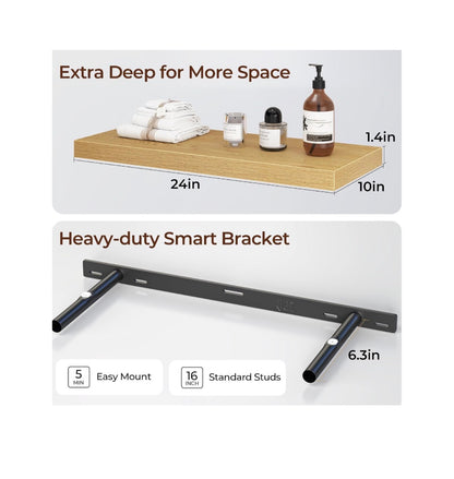 Floating Shelves for Wall24 Inch Set of 3, Farmhouse Floating Shelves with Invisible Heavy Duty Bracket, 10-Inch-Deep Bathroom Shelves for Storage, Livingroom, Kitchen, Decor (Oak) (New in Box)
