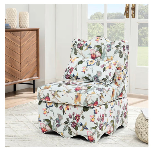 Flannel Upholstered Accent Chair-Retro Single Sofa Chair with Floral Pattern Armless Lounge Chair with Removable Cushion & Pillow (White with Floral Pattern) (New in Box)