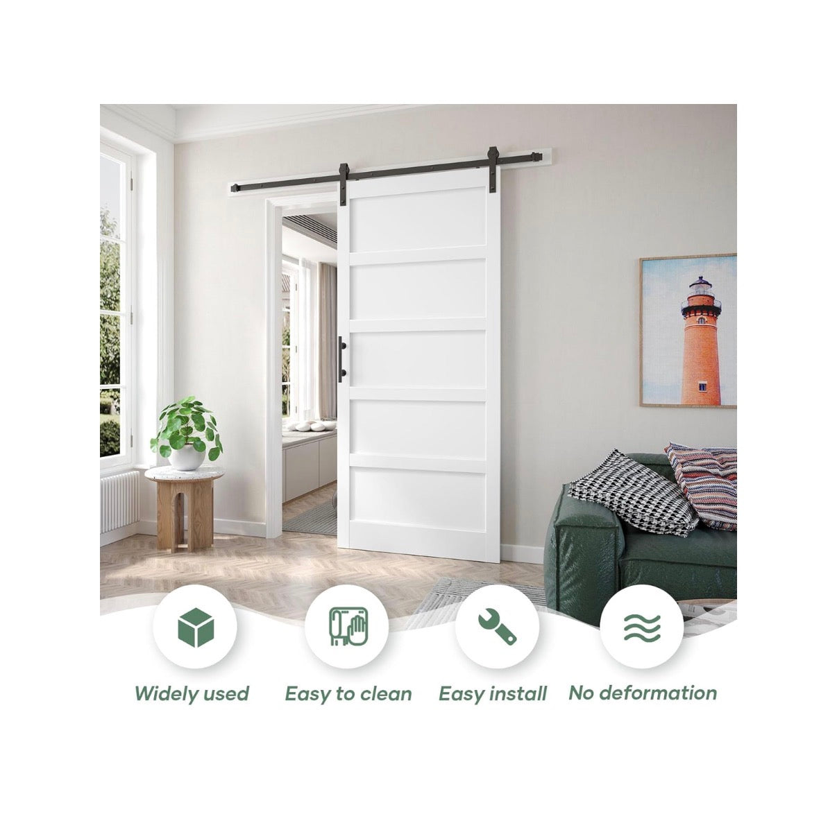 42 Inch X 96 Inch White Barn Door with 7ft Sliding Door Hardware Kit Included & Handle, MDF, Solid PVC Surface, Assembly 5 Panel (New in Box)